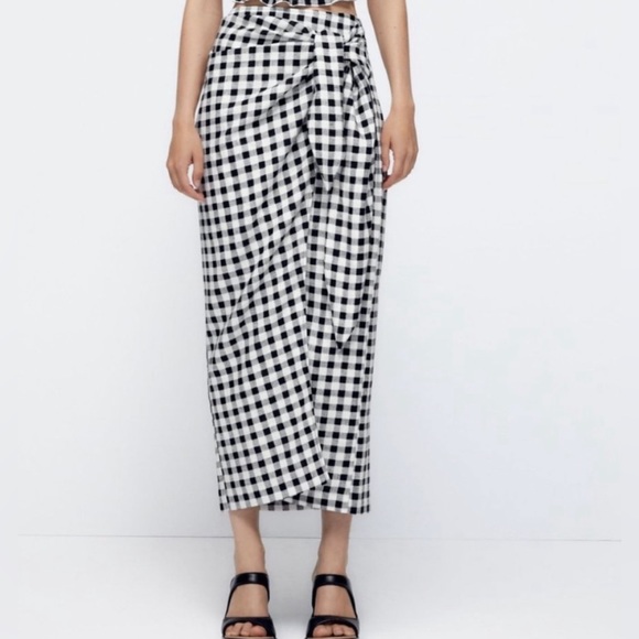 ZARA Gingham Linen Blend Skirt - Picture 2 of 12